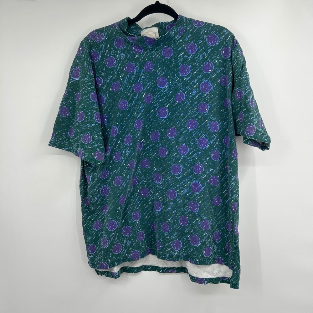 Vintage Spot Sport European Beach T Shirt Mens Large Green Purple Polka Dot 90s